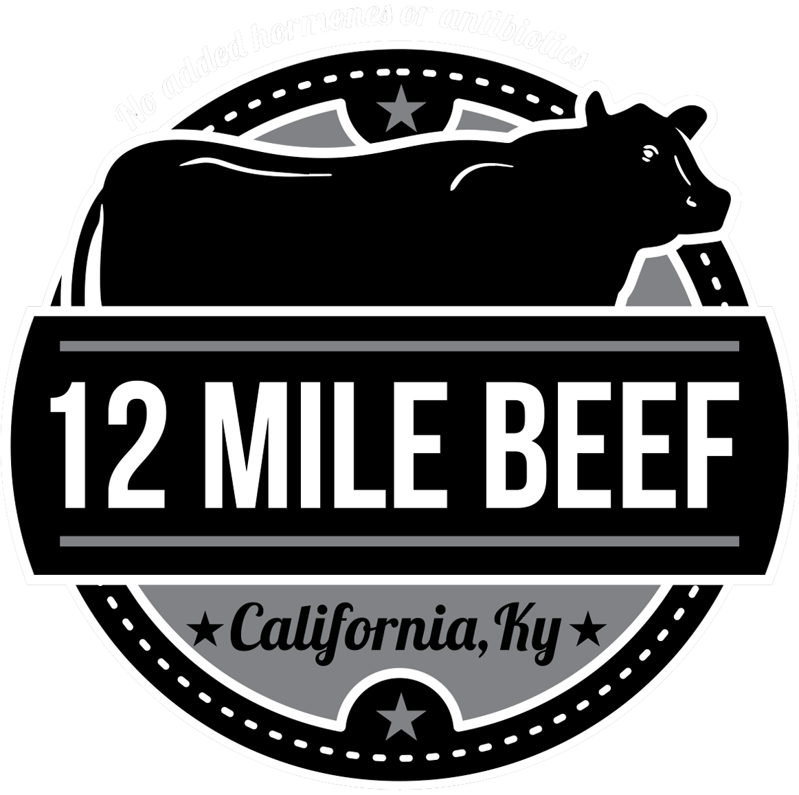 Logo of 12 Mile Beef, a brand based in California, Kentucky, emphasizing quality beef with no added hormones or antibiotics.